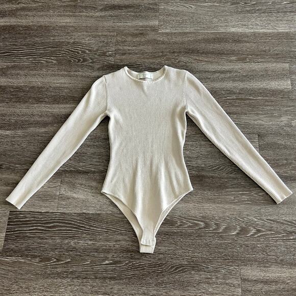EUC Veiled New York Ribbed Knit Long Sleeve Bodysuit Beige Neutral | Size Medium - Picture 14 of 15
